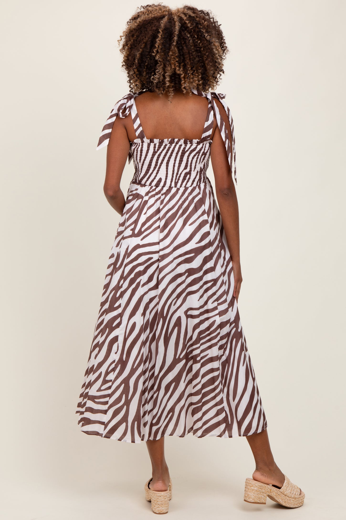 Brown Animal Print Smocked Shoulder Tie Maternity Midi Dress