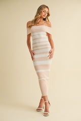 Light Pink/White Striped Off Shoulder Sweater Maxi Dress