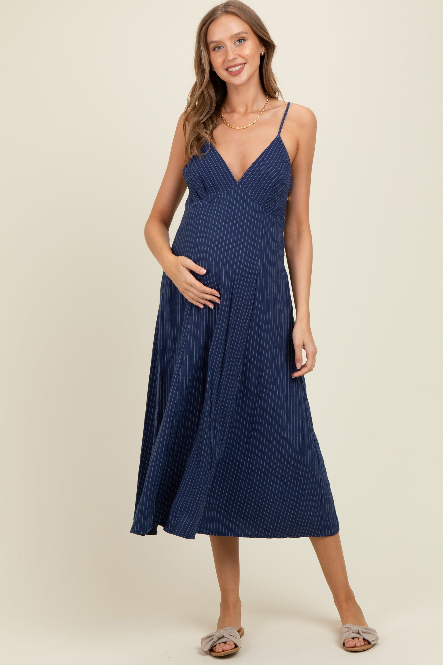 Navy/White Linen Striped Maternity Midi Dress