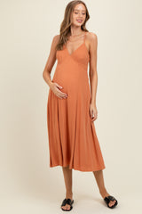 Rust/White Linen Striped Maternity Midi Dress