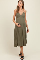 Olive/White Linen Striped Maternity Midi Dress