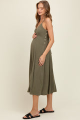Olive/White Linen Striped Maternity Midi Dress