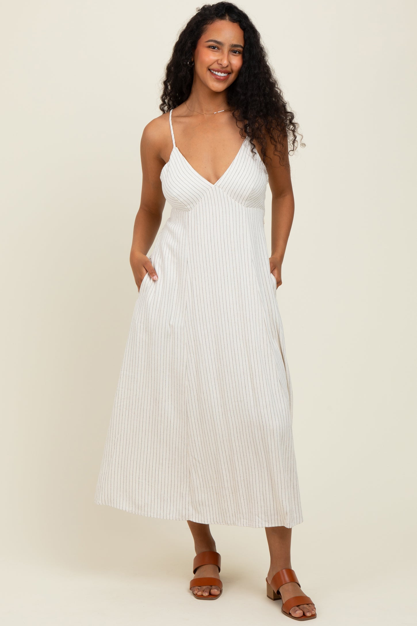 Ivory/Black Linen Striped Maternity Midi Dress