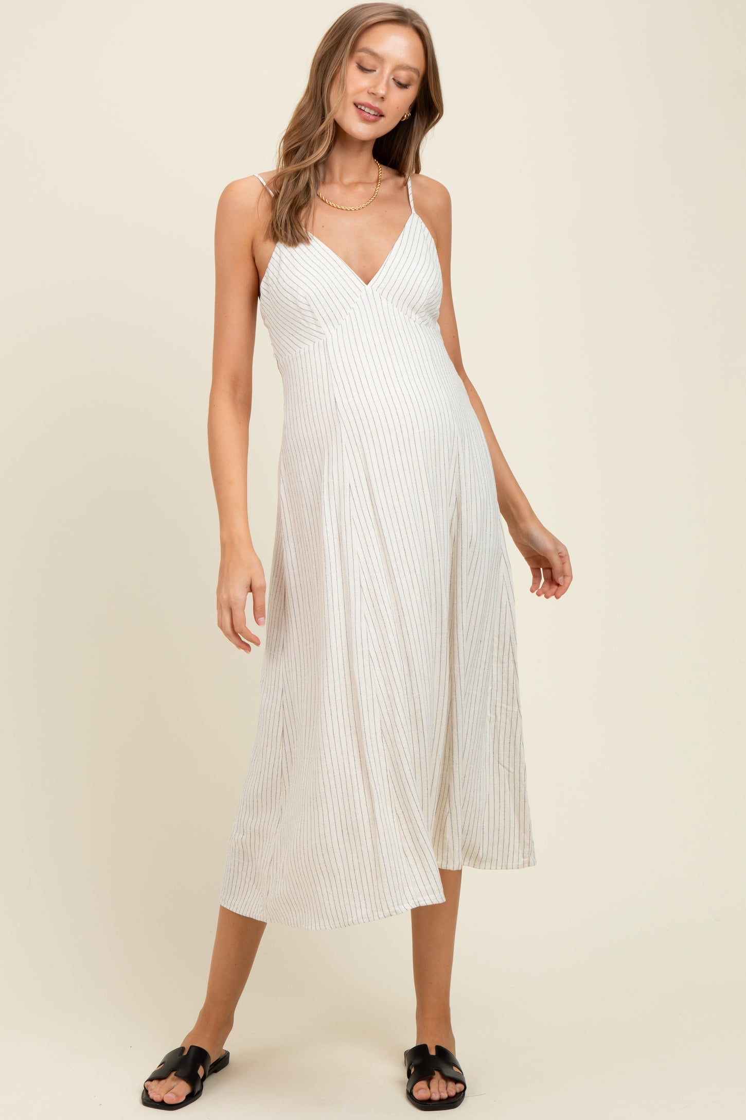 Ivory/Black Linen Striped Maternity Midi Dress
