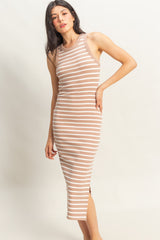 Taupe/White Striped Sleeveless Fitted Midi Dress