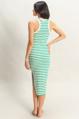 Green/White Striped Sleeveless Fitted Midi Dress