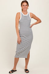 White/Black Striped Sleeveless Fitted Maternity Midi Dress