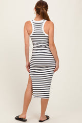 White/Black Striped Sleeveless Fitted Midi Dress