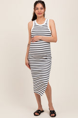 White/Black Striped Sleeveless Fitted Maternity Midi Dress