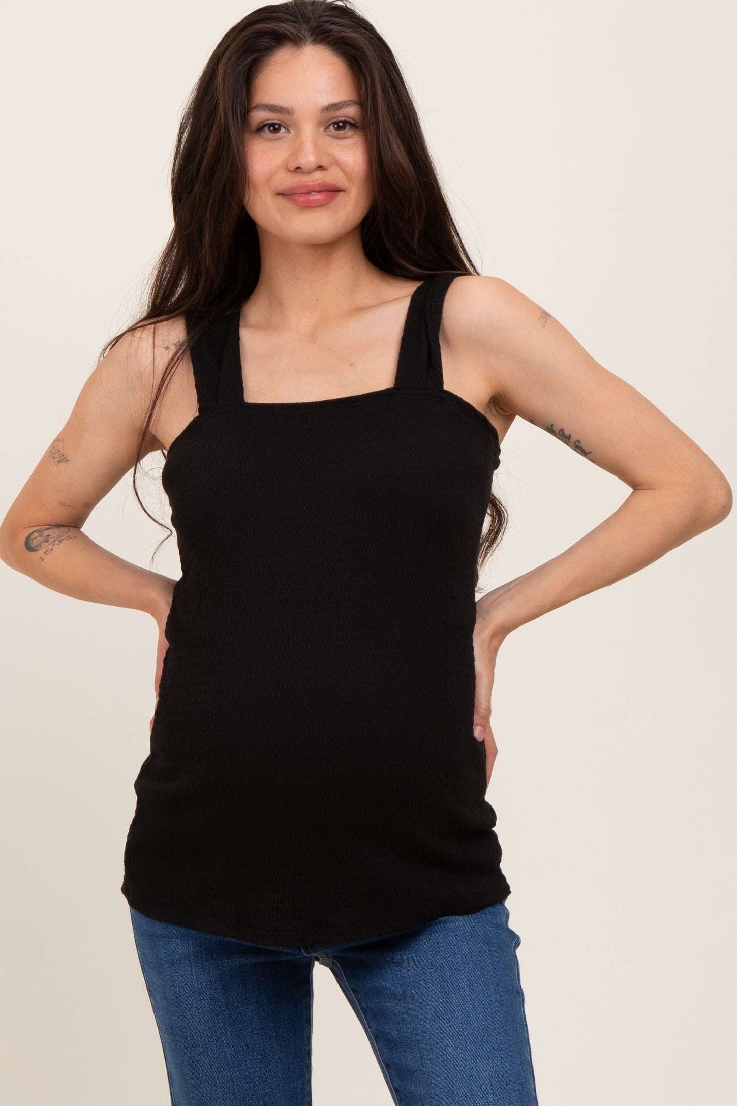 Black Square Neck Smocked Sleeveless Maternity Top