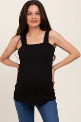 Black Square Neck Smocked Sleeveless Maternity Top