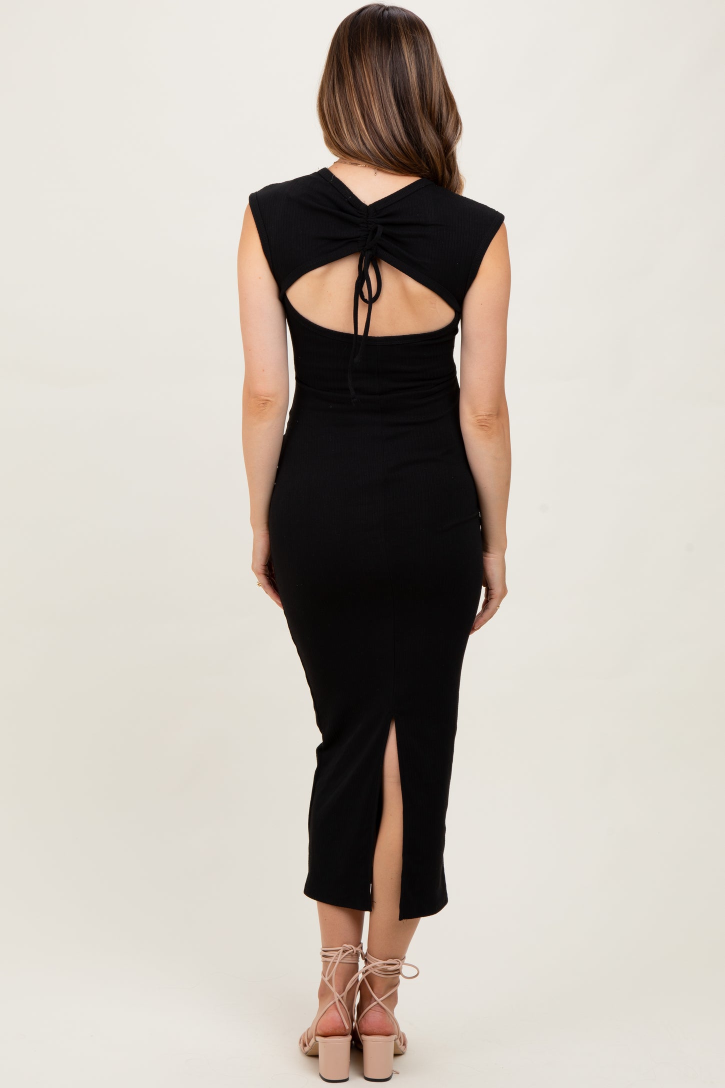 Black Cap Sleeve Ruched Open Back Maternity Midi Dress