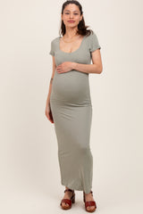 Sage Double Layered Ribbed Scoop Neck Maternity Maxi Dress