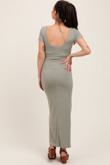 Sage Double Layered Ribbed Scoop Neck Maternity Maxi Dress