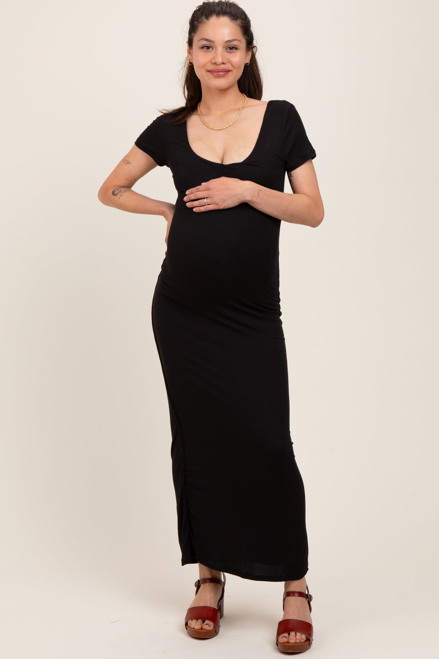 Black Double Layered Ribbed Scoop Neck Maternity Maxi Dress