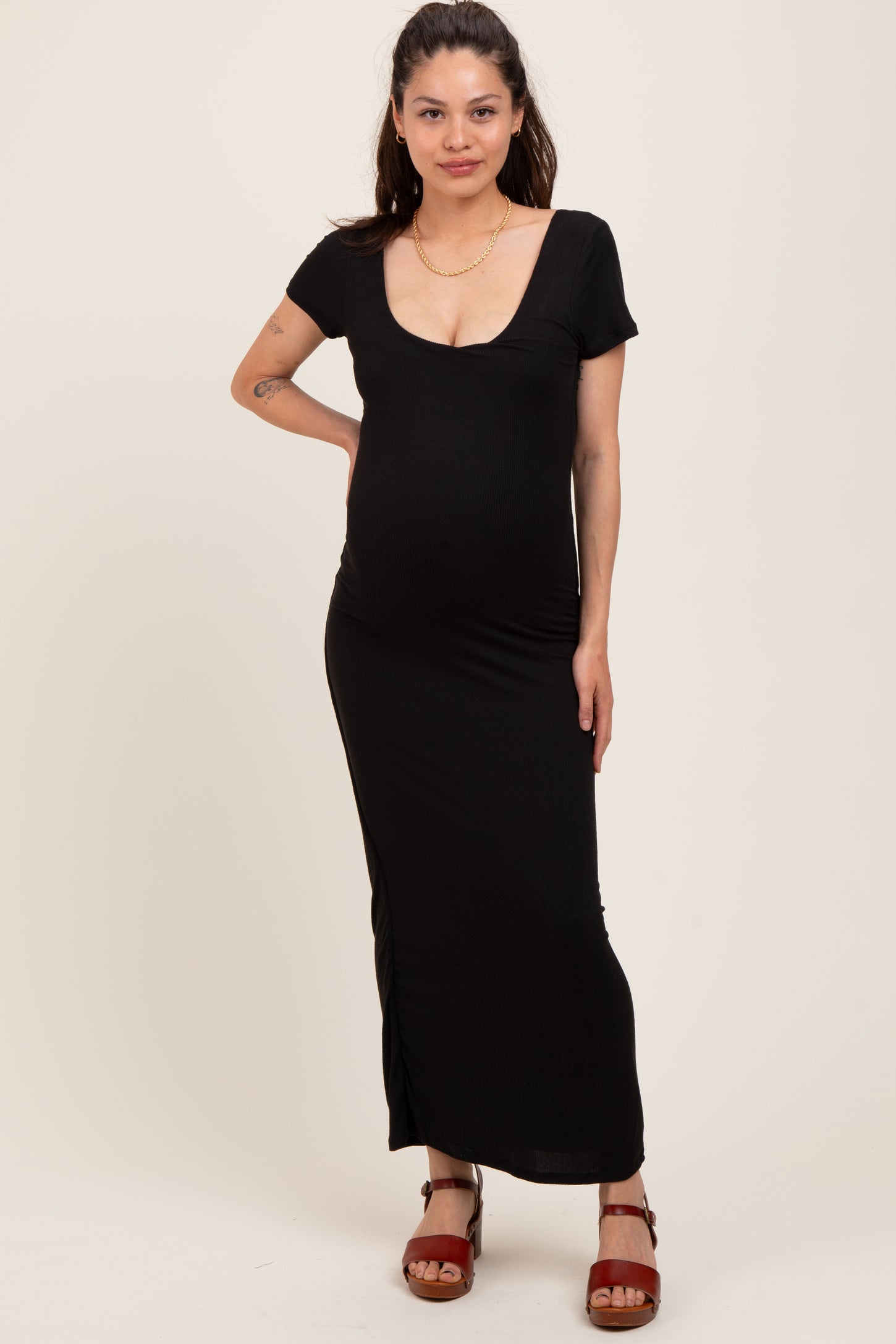 Black Double Layered Ribbed Scoop Neck Maternity Maxi Dress