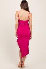 Fuchsia Ruched Ruffle Detail Sleeveless Maternity Midi Dress