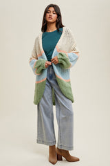 Blue Colorblock Open Knit Cardigan