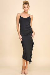 Black Ruched Ruffle Detail Sleeveless Midi Dress