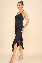Black Ruched Ruffle Detail Sleeveless Midi Dress