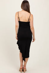 Black Ruched Ruffle Detail Sleeveless Maternity Midi Dress