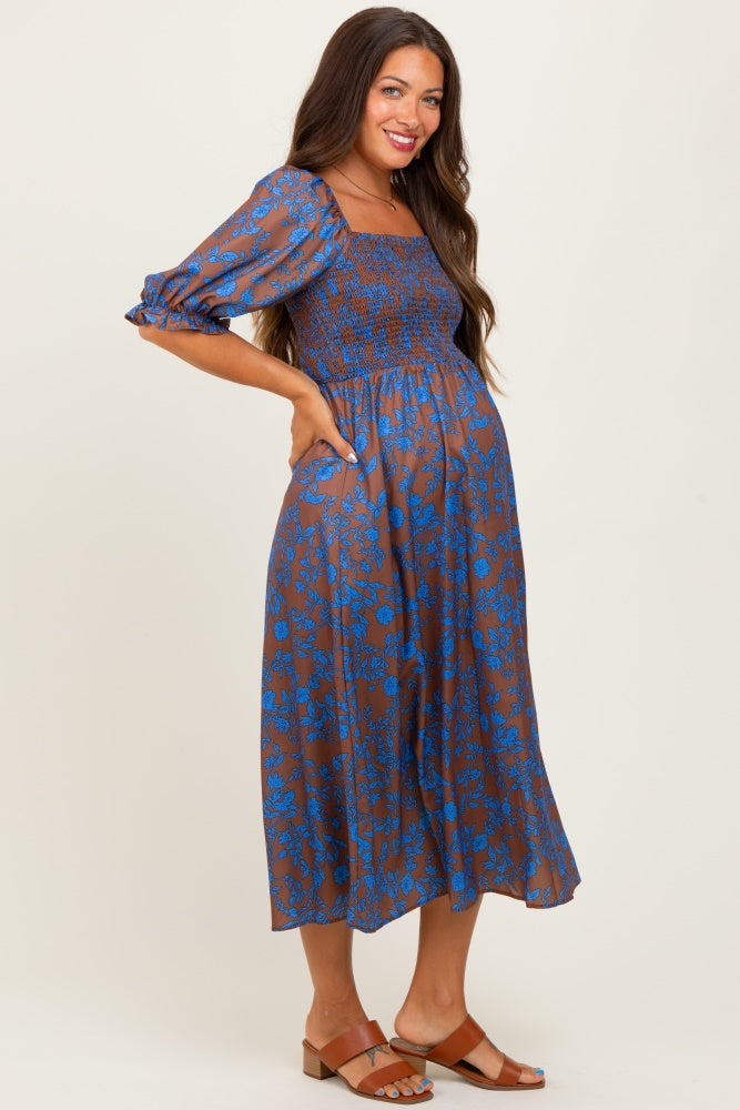 Blue Floral Smocked Puff Sleeve Maternity Midi Dress