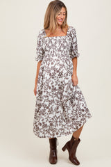 Brown Floral Smocked Puff Sleeve Maternity Midi Dress
