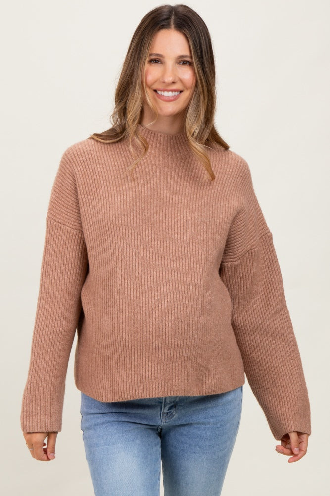 Mocha High Neck Ribbed Knit Maternity Sweater