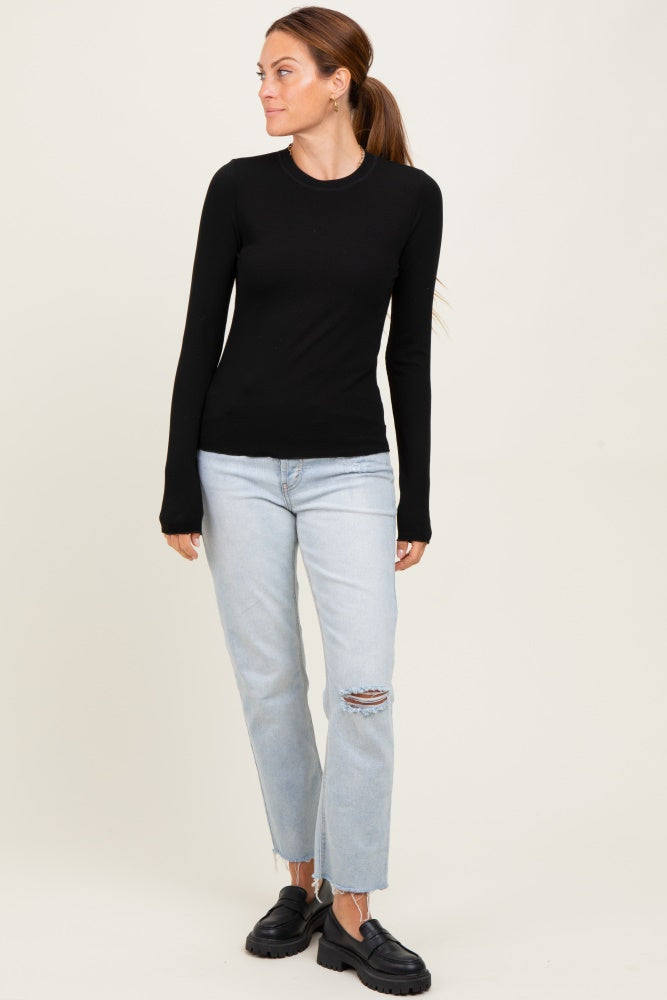 Black Basic Ribbed Knit Long Sleeve Top