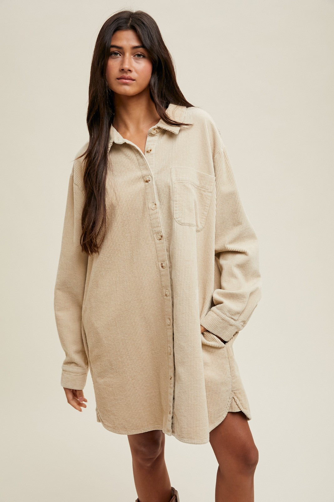 Beige Corduroy Shirt Mini Dress
