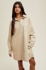 Beige Corduroy Shirt Mini Dress