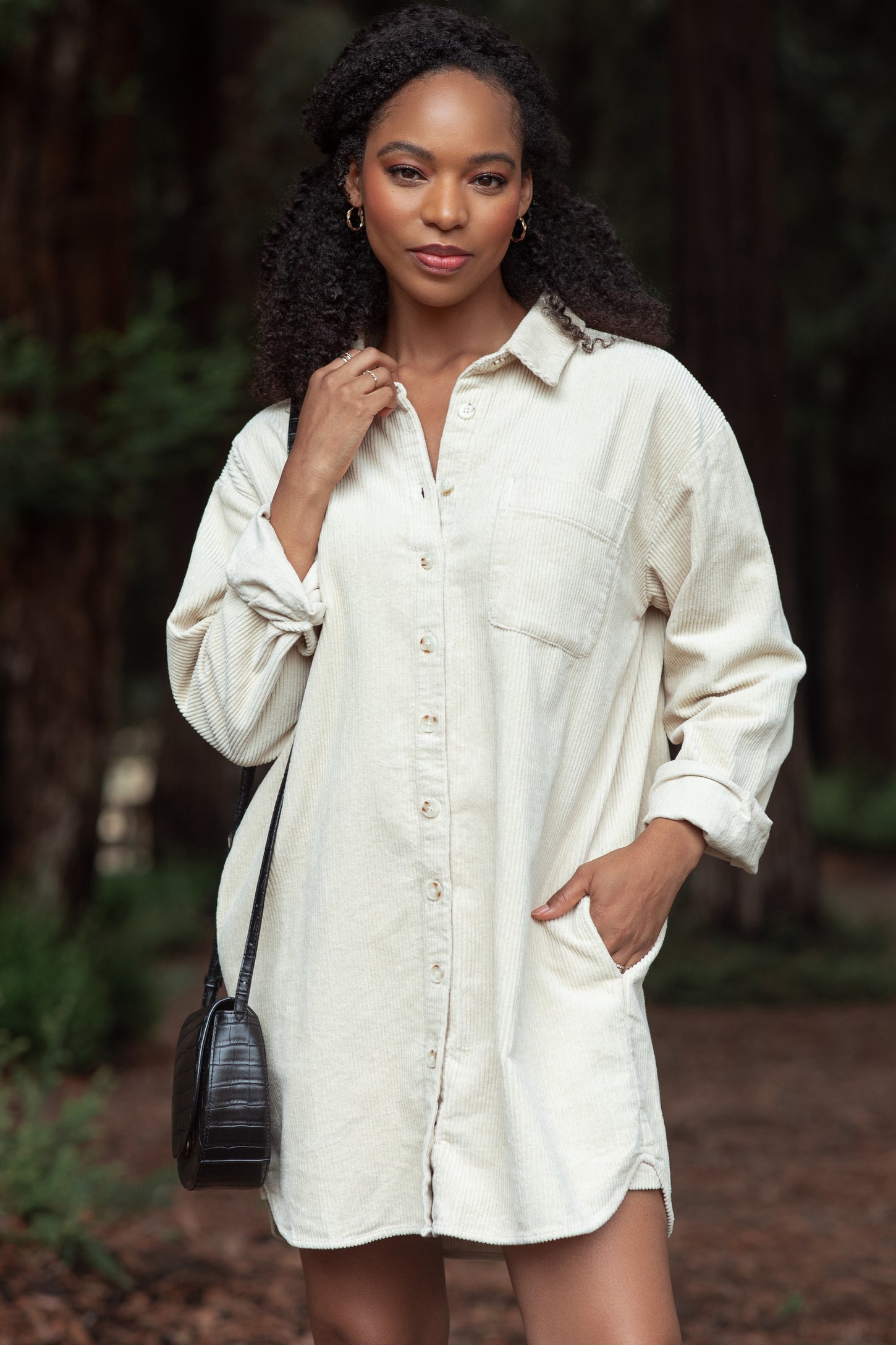 Beige Corduroy Shirt Mini Dress