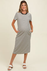 Black Striped Short Sleeve Maternity Midi T-Shirt Dress