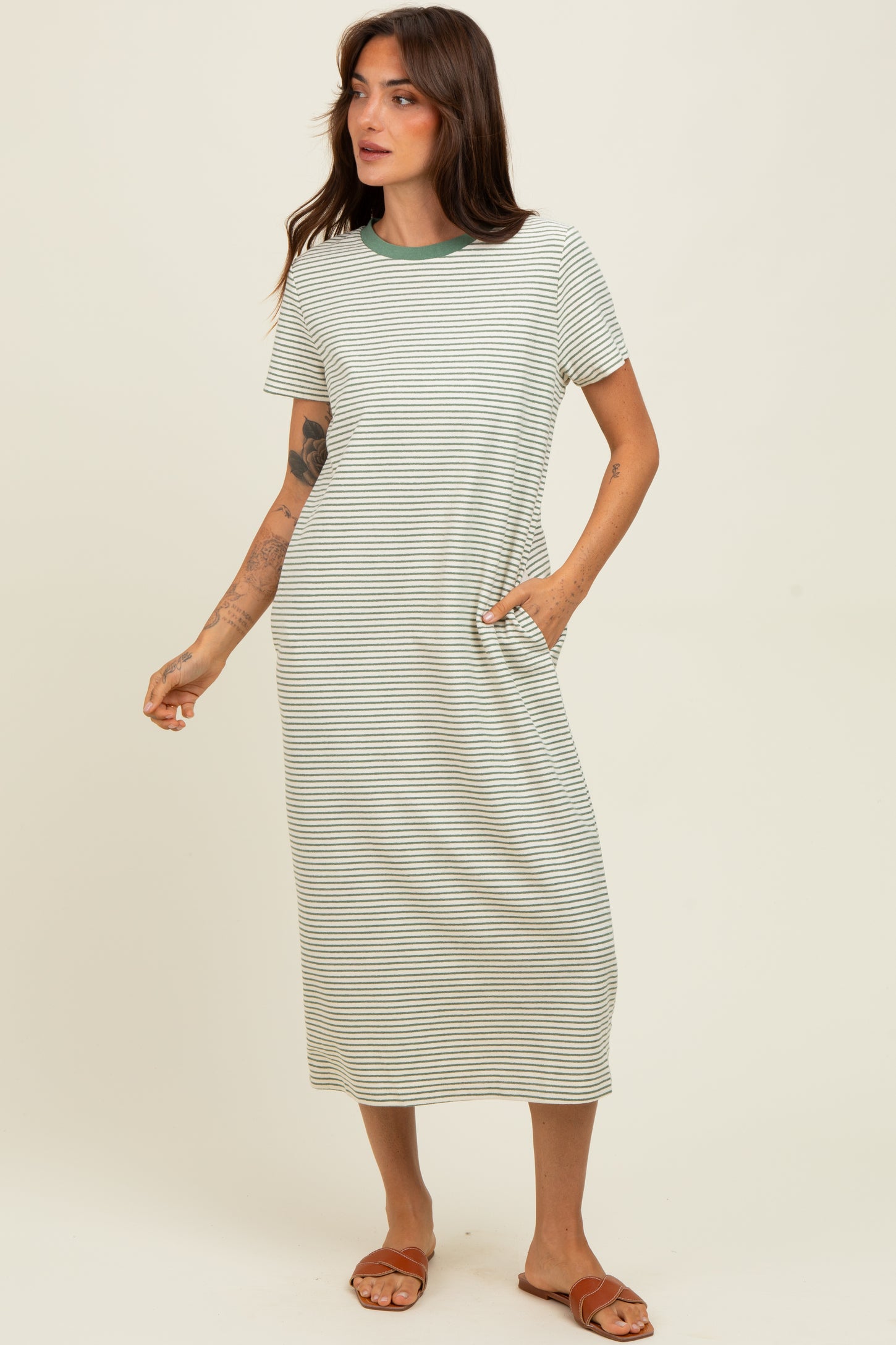Olive Striped Short Sleeve Midi T-Shirt Dress