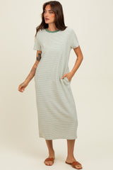Olive Striped Short Sleeve Midi T-Shirt Dress