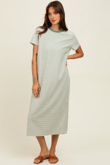 Olive Striped Short Sleeve Midi T-Shirt Dress