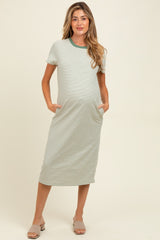 Olive Striped Short Sleeve Maternity Midi T-Shirt Dress