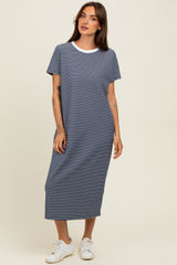 Navy Striped Short Sleeve Maternity Midi T-Shirt Dress
