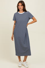 Navy Striped Short Sleeve Midi T-Shirt Dress