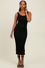 Black Smocked Sleeveless Ruffle Hem Fitted Dress