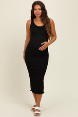 Black Smocked Sleeveless Ruffle Hem Maternity Fitted Dress