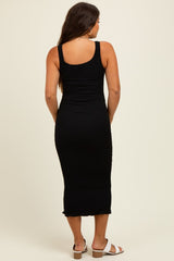 Black Smocked Sleeveless Ruffle Hem Maternity Fitted Dress