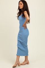 Light Blue Smocked Sleeveless Ruffle Hem Fitted Dress