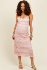 Pink Lace Ruffle Trim Tiered Maternity Midi Dress