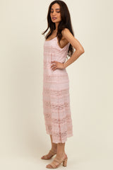 Pink Lace Ruffle Trim Tiered Midi Dress