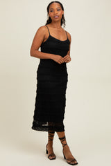 Black Lace Ruffle Trim Tiered Midi Dress