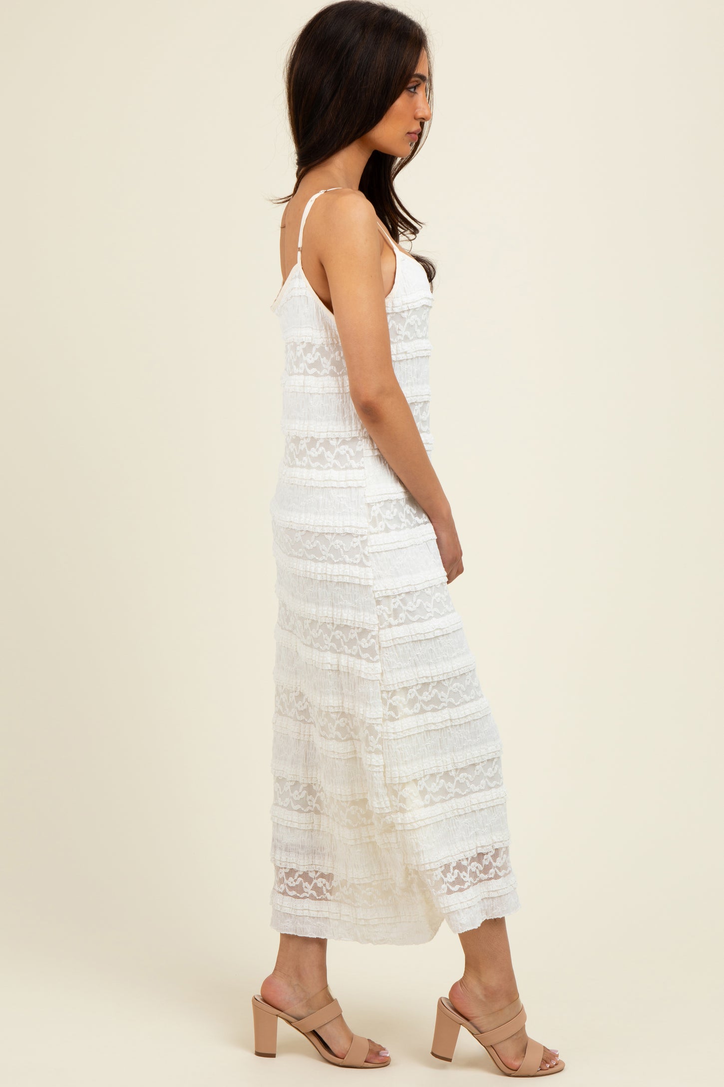 Cream Lace Ruffle Trim Tiered Midi Dress