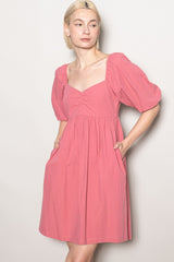 Mauve Sweetheart Neckline Puff Sleeve Dress