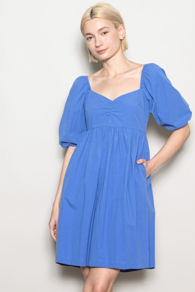 Blue Sweetheart Neckline Puff Sleeve Dress