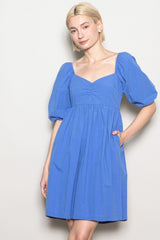 Blue Sweetheart Neckline Puff Sleeve Dress